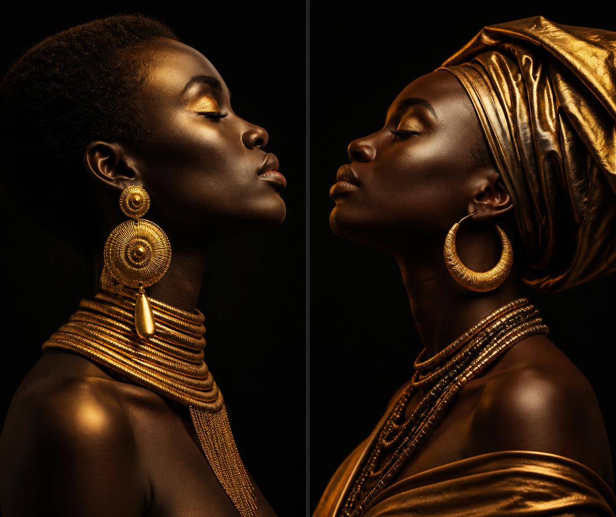 Diptych of two African editorial portraits facing each other in gold light