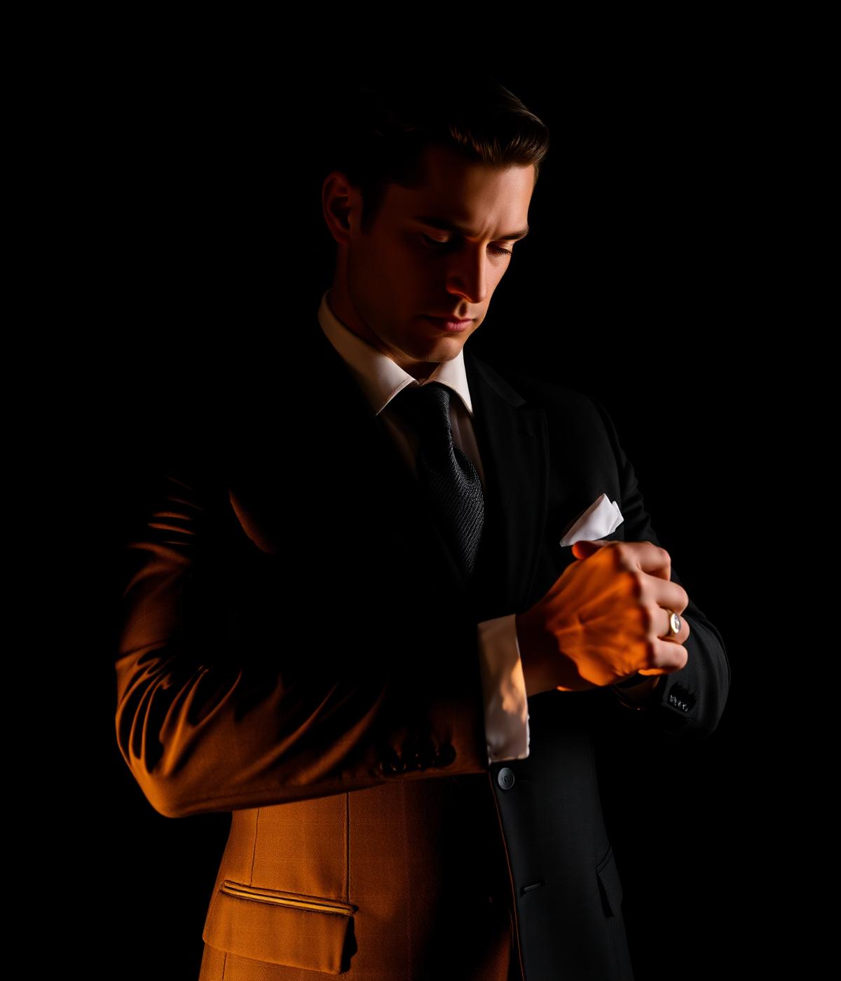 Portrait of a man in a tailored suit under warm gold light