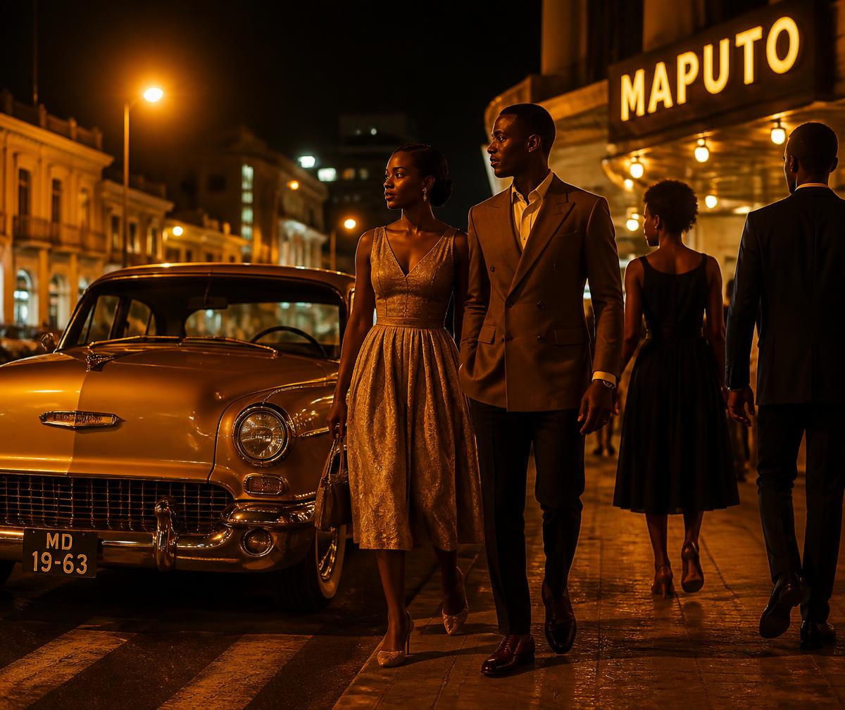 Maputo night street with a golden vintage car and elegantly dressed people