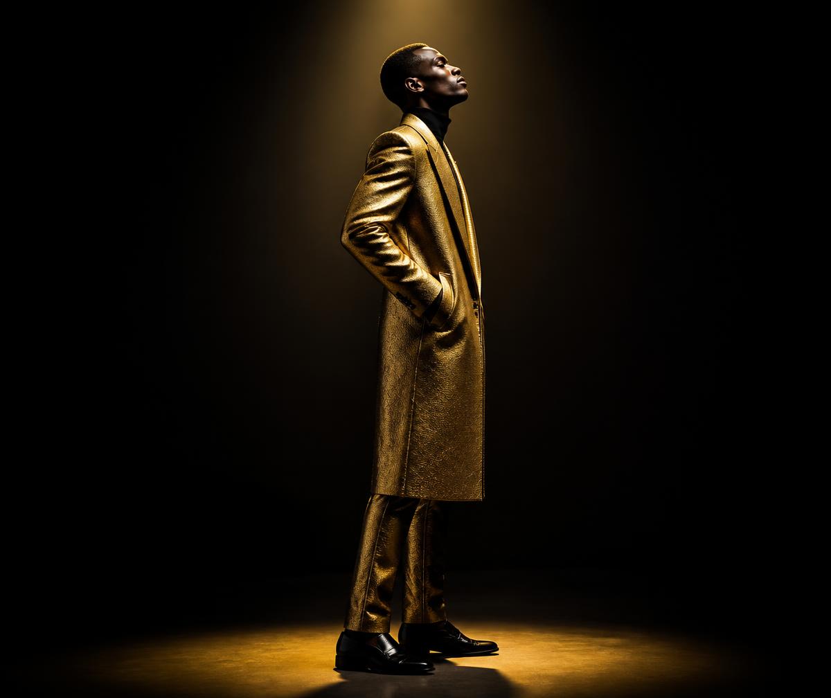 Full-body profile pose of a Black man in a gold coat under a single spotlight