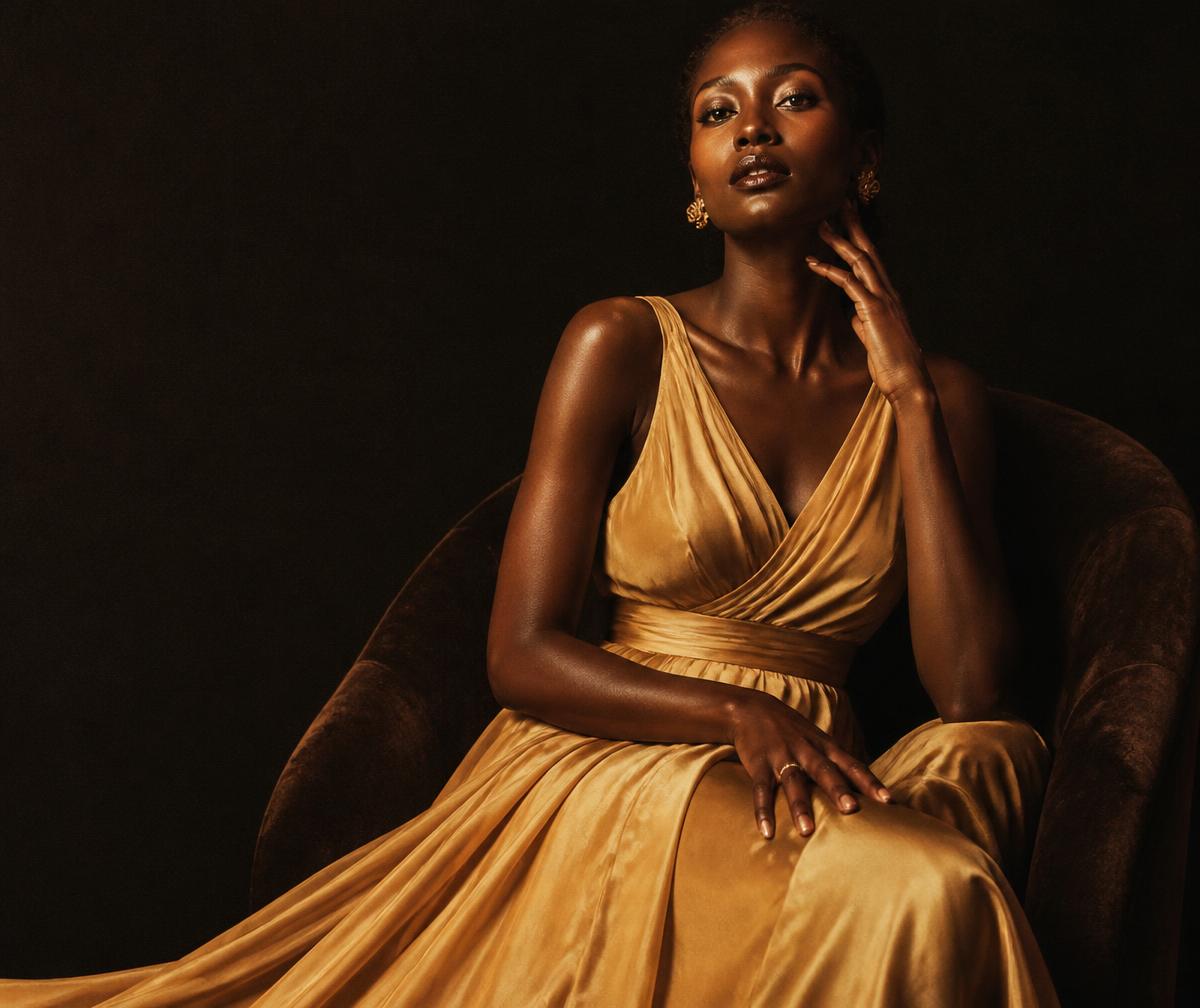 Seated editorial portrait of a Black woman in a gold gown, hand at her jawline